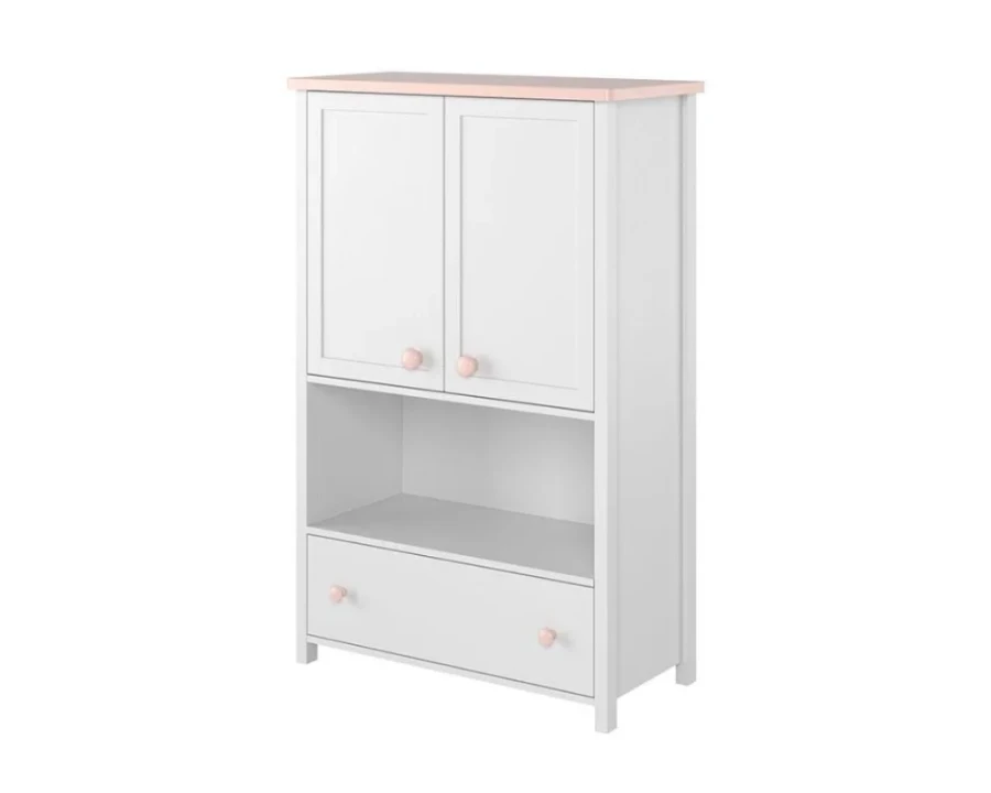 Weißer Kinderschrank mit rosa Griffen und offenem Fach.