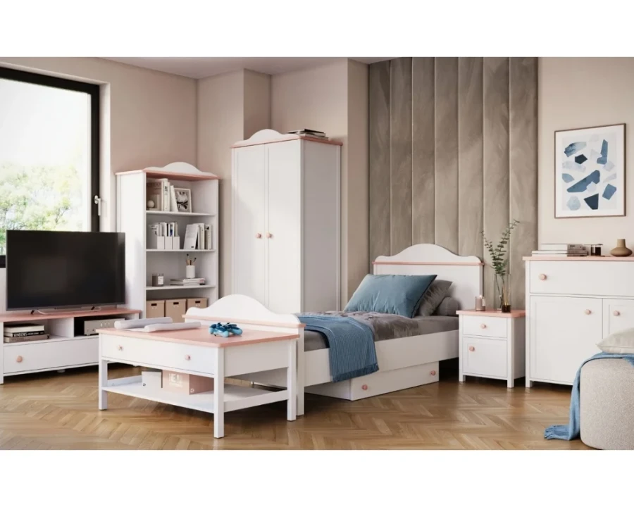 Kinderzimmer-Set in Weiß und Rosa mit Bett, Schrank und TV-Board