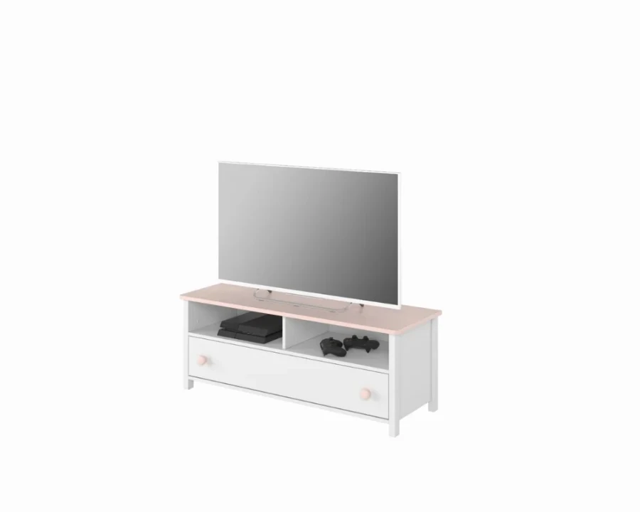 Weiß-rosa TV-Unterschrank mit Fernseher und Spielkonsolen
