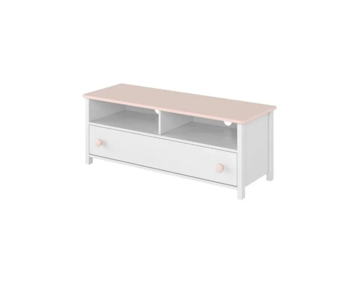 Modernes TV-Board in Weiß und Rosa mit Schublade und offenen Fächern