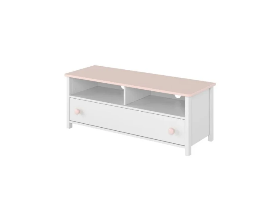 Modernes TV-Board in Weiß und Rosa mit Schublade und offenen Fächern