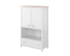 Weißer Kinderzimmer-Schrank mit zwei Türen, offenem Fach und Schublade in Rosa.