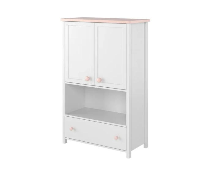 Weißer Kinderzimmer-Schrank mit zwei Türen, offenem Fach und Schublade in Rosa.