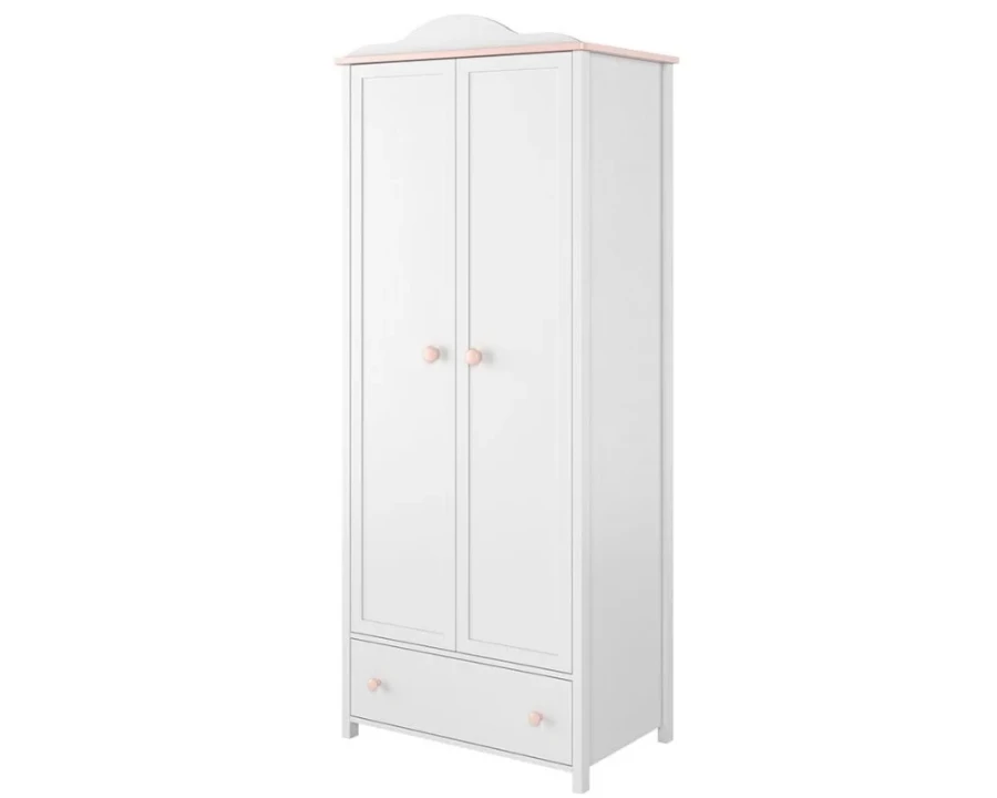 Zweitüriger Kinder-Kleiderschrank in Weiß mit rosa Akzenten.