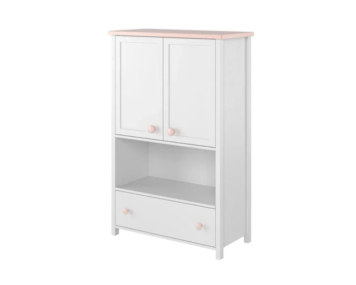 Weißer Kinderzimmerschrank mit rosa Akzenten, Türen und Schublade