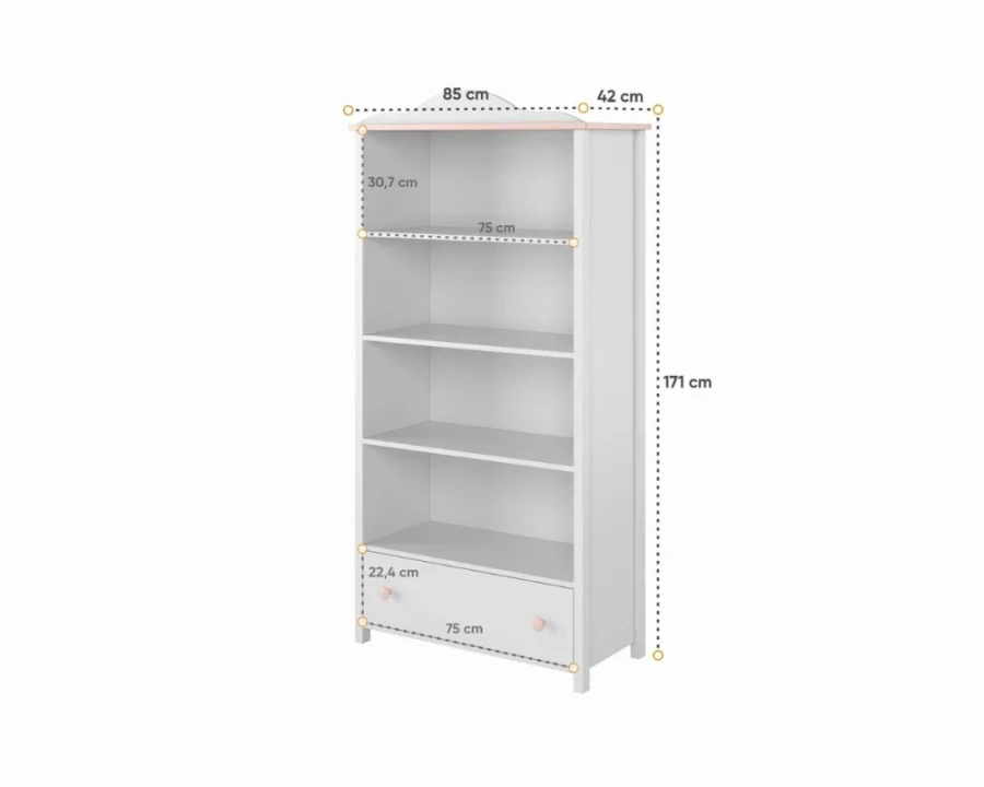 Weißes Bücherregal für Kinder mit rosa Akzenten und Maßen: 171 cm Höhe und 85 cm Breite.