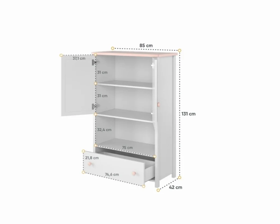 Kinderzimmer-Schrank in Weiß und Rosa mit Türen und Schublade, Maße: 85 cm x 131 cm.