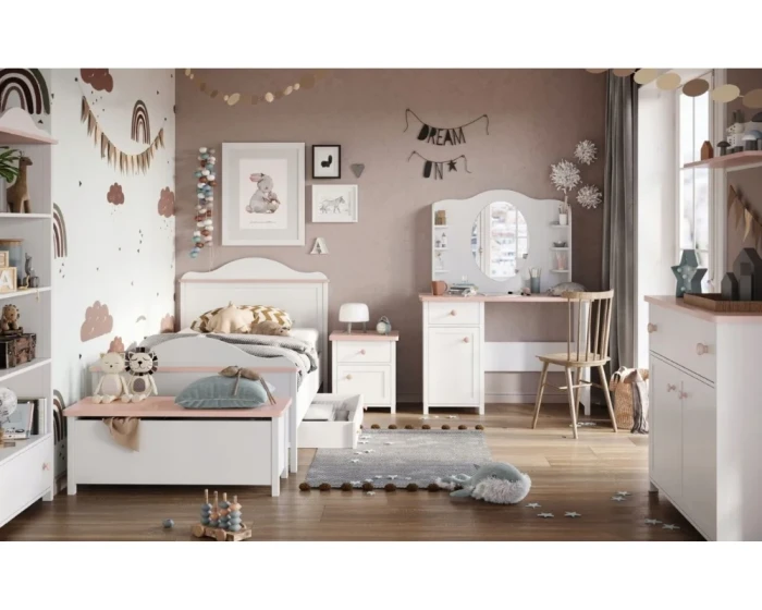 Gemütliches Kinderzimmer-Set in Weiß und Rosa mit Bett und Schreibtisch
