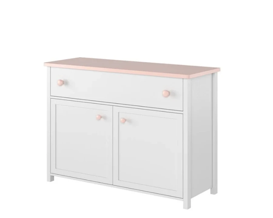 Elegante weiße Kinderkommode mit rosa Oberplatte und zwei Türen