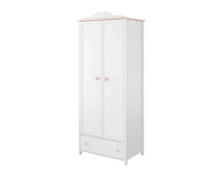 Weißer Kleiderschrank für Kinder mit rosa Akzenten und einer Schublade.