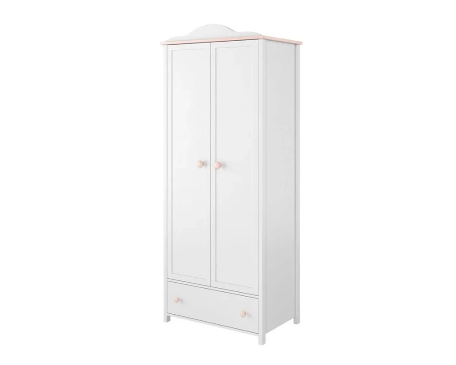 Weißer Kleiderschrank für Kinder mit rosa Akzenten und einer Schublade.