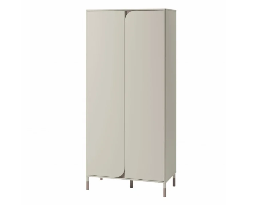 Eleganter zweitüriger Kleiderschrank in Hellgrau mit modernen Rundungen.