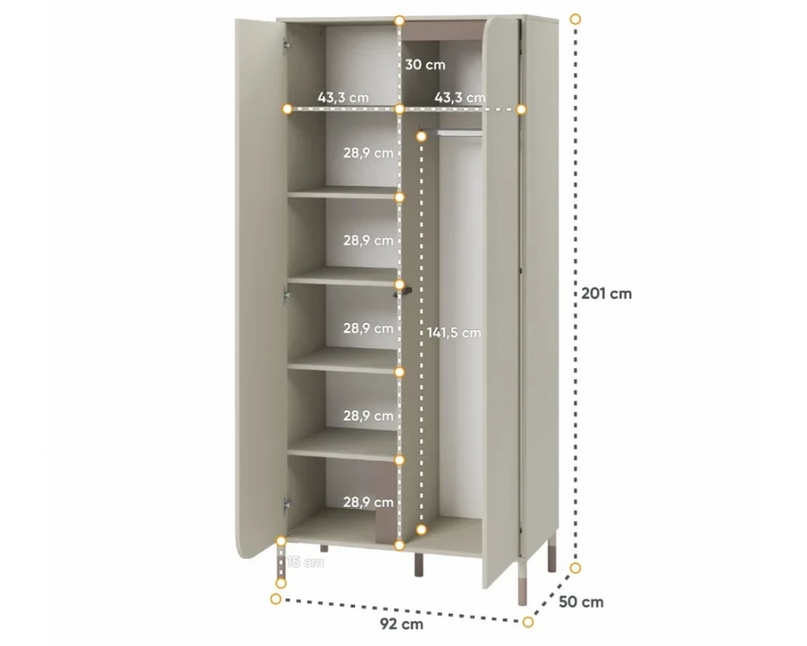 Geöffneter Schrank mit Maßen für Kleiderstange und Einlegeböden in Hellgrau.