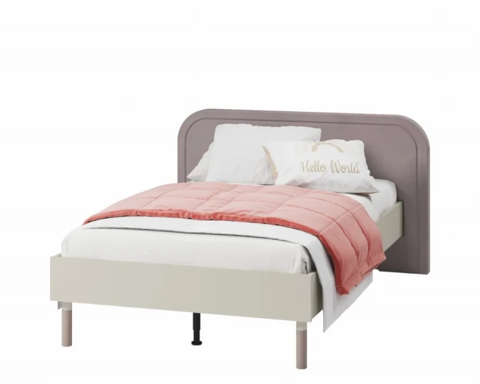 Modernes Jugendbett in Beige mit lila Kopfteil und rosa Bettwäsche.