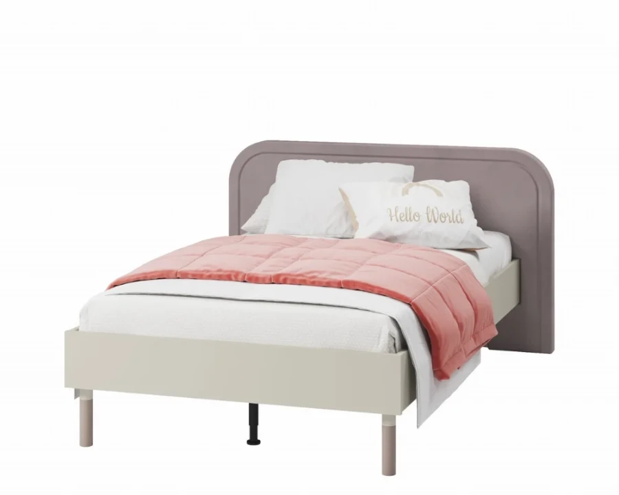 Modernes Jugendbett in Beige mit lila Kopfteil und rosa Bettwäsche.