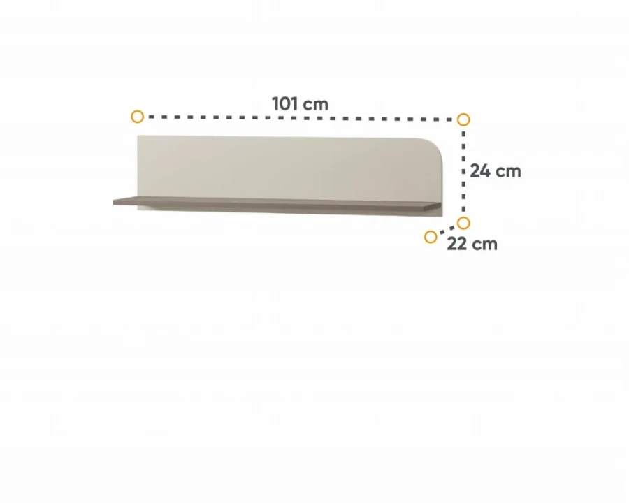 Beiges Wandregal mit Maßangaben: 101 cm Breite, 24 cm Höhe und 22 cm Tiefe.