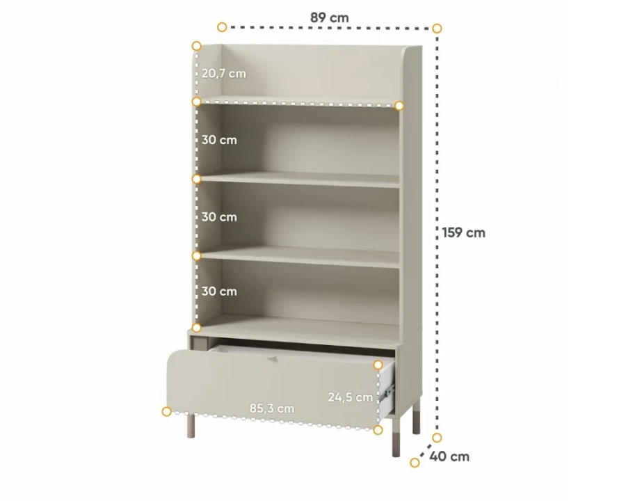 Abmessungen des beigen Bücherregals: 159 cm Höhe, 89 cm Breite.