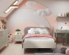 Kinderzimmer-Set mit Bett, Schreibtisch und Nachttisch in Beige-Rosa Optik.
