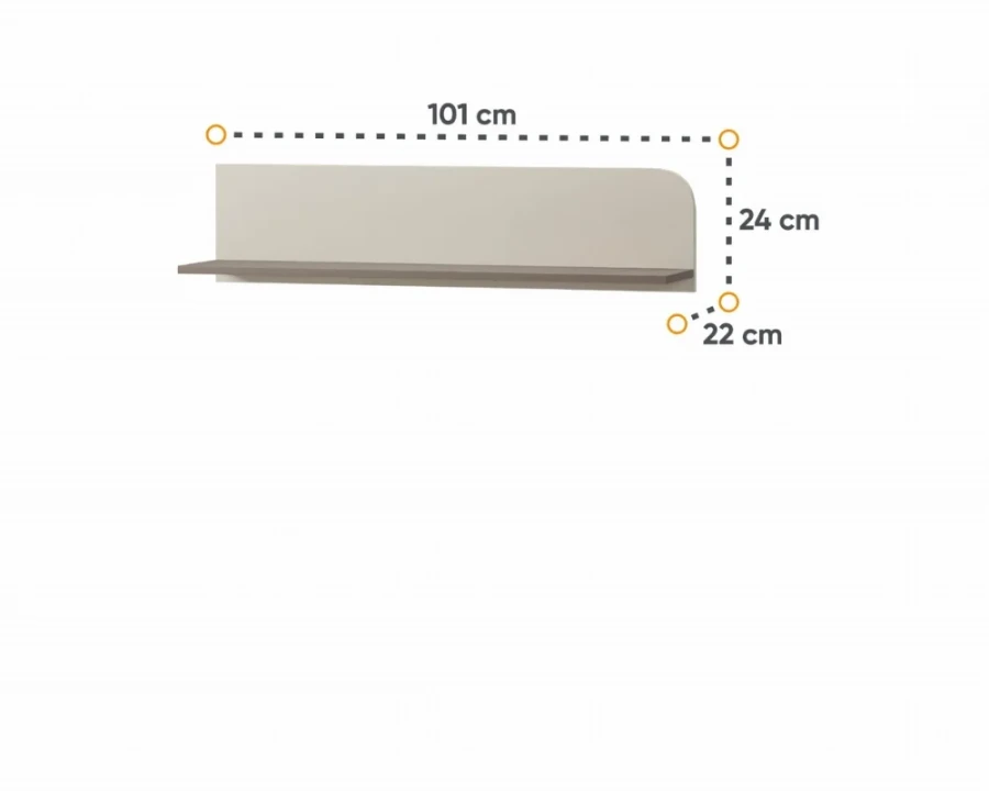 Afmetingen voor een tweekleurige wandplank: 101 cm breedte en 24 cm hoogte.