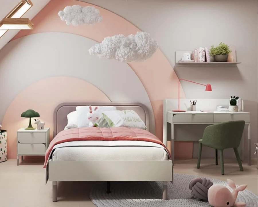 Complete children's room furnishing with bed, desk and shelf in pastel tones.