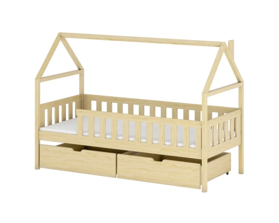 Kinderbett in Hausform aus Kiefernholz Natur mit praktischen Schubladen und sicherem Rausfallschutz.