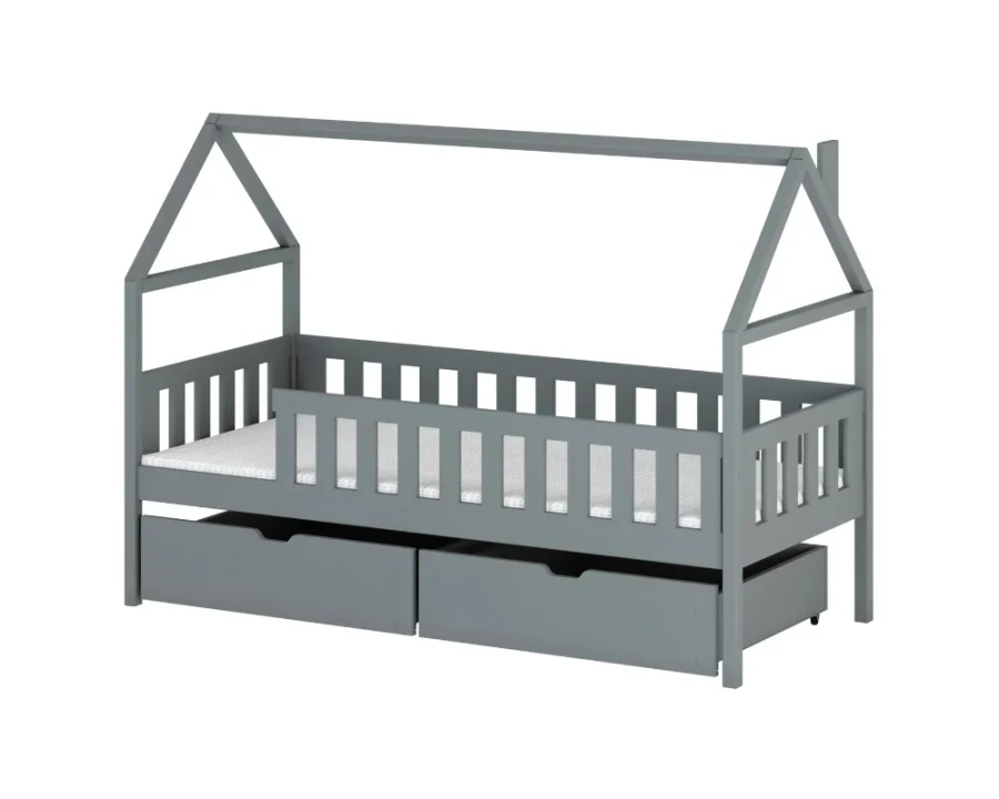 Hellgraues Hausbett für Kinder mit Rausfallschutz und praktischen Schubladen.