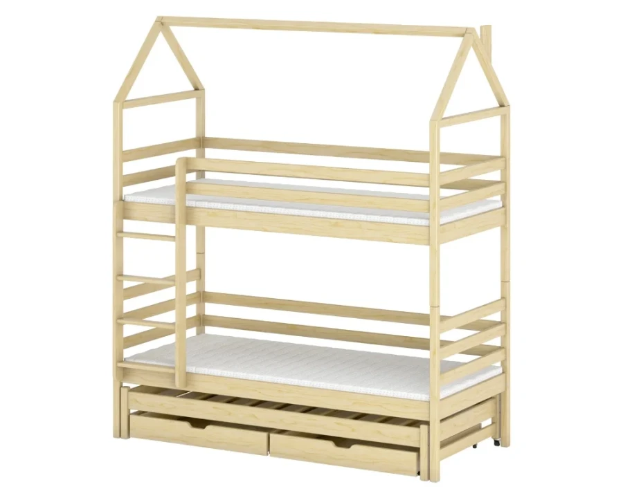 Naturholz Hausbett Etagenbett mit drittem Bett und Schubladen auf weißem Hintergrund.