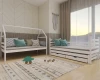 Flexibles weißes Etagenbett als zwei separate Einzelbetten im Kinderzimmer aufgeteilt.