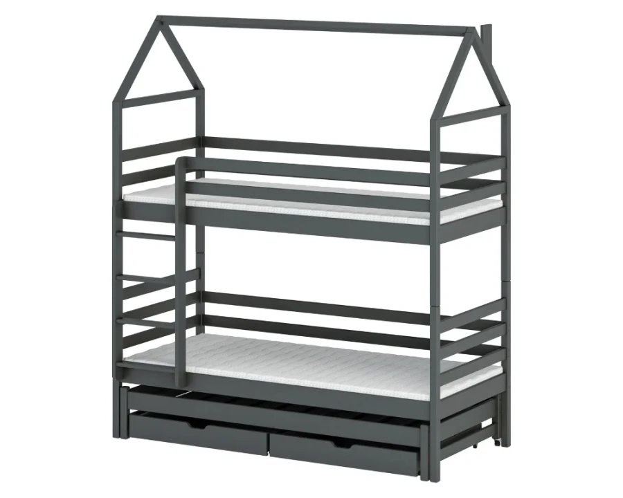 Graphitgraues Etagenbett im Haus-Design mit zwei Schubladen und Rausfallschutz auf weißem Grund.