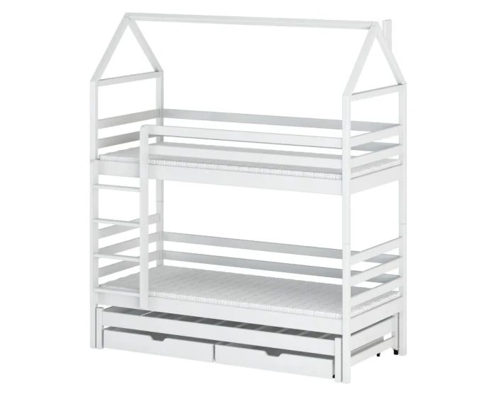 Wit huisbed stapelbed voor kinderen met geïntegreerde laden op eenvoudige witte achtergrond.