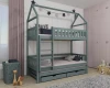 Grijsblauw stapelbed in huisvorm met een derde slaapplek en lades in een moderne kinderkamer.