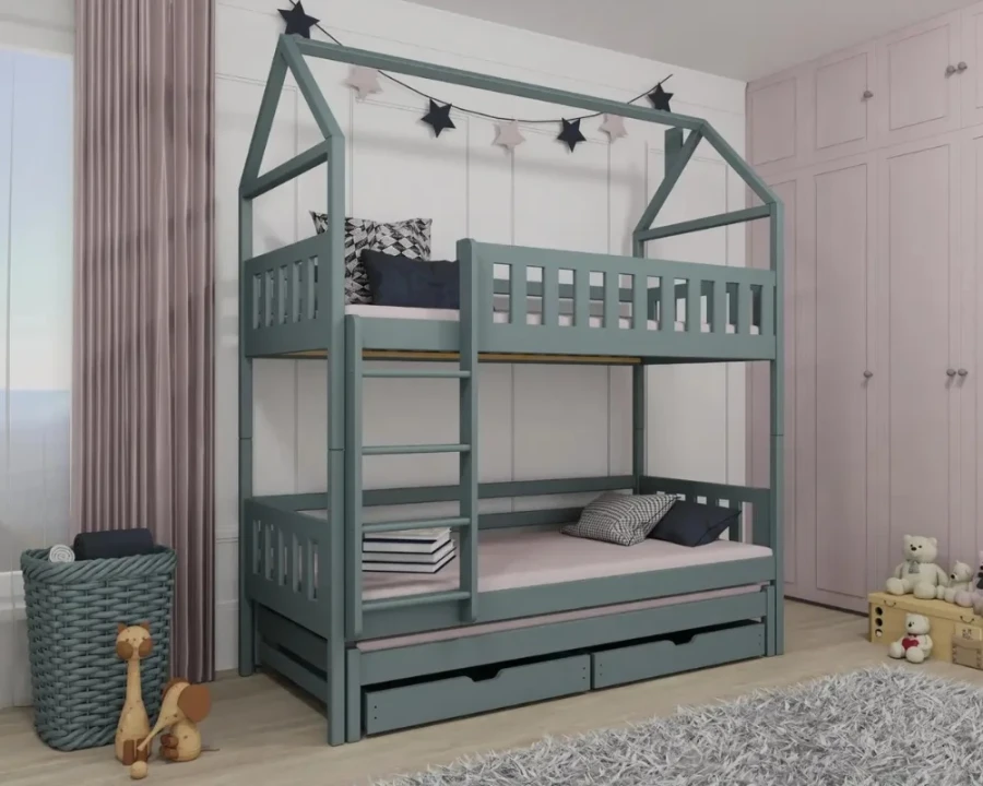 Grijsblauw stapelbed in huisvorm met een derde slaapplek en lades in een moderne kinderkamer.