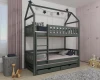 Dark grey house bunk bed for three children with fall protection and practical storage drawers.