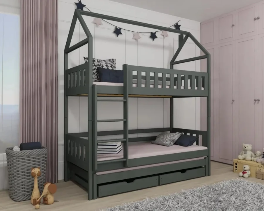 Donkergrijs huis-stapelbed voor drie kinderen met uitvalbeveiliging en praktische opberglades.