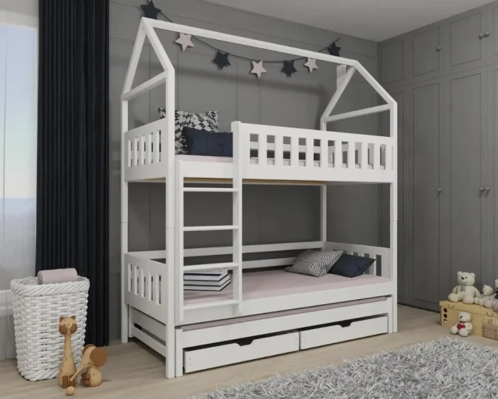 Weißes Kinder-Etagenbett als Hausbett mit ausziehbarer Gästeliege und zwei Bettkästen.