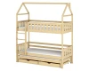 Massivholz Etagenbett Hausbett in Natur mit Ausziehfunktion für 3 Personen und viel Stauraum.