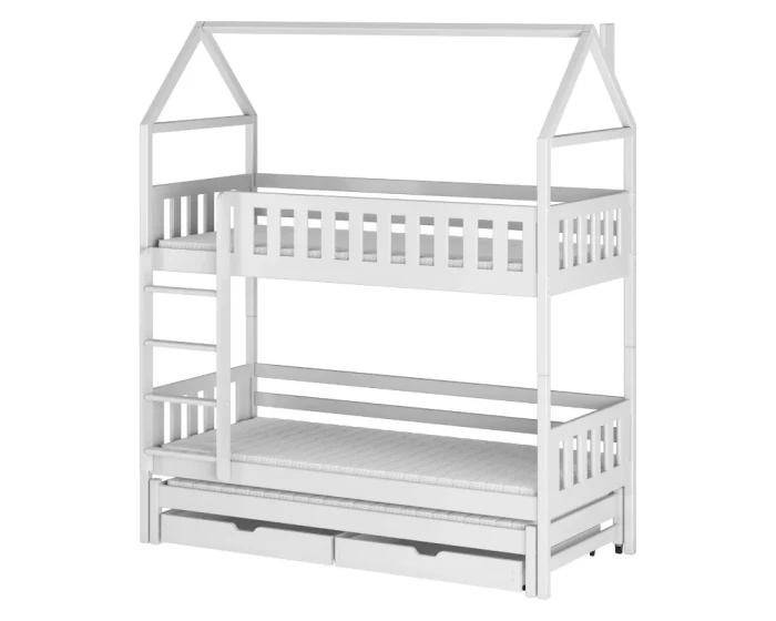 Modernes Etagenbett in Hausform aus weißem Holz mit Leiter, Rausfallschutz und zusätzlichem Gästebett.