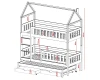 Dimension drawing of the house bunk bed with detailed dimensions for height, width and bed boxes.