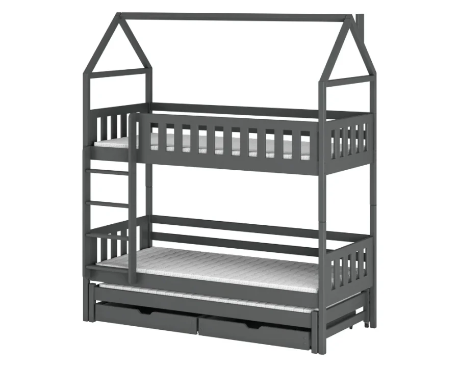 Grijs stapelbed in huislook met uitschuifbare slaapplek en twee lades op een witte achtergrond.