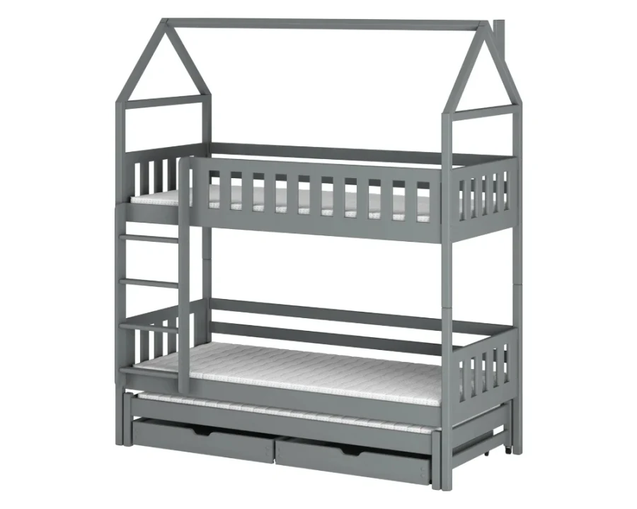 Grijs stapelbed huisvorm mit drie ligoppervlakken en bedlade voor de kinderkamer.