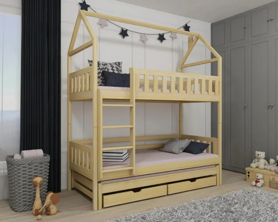 House bed bunk bed made of pine wood with ladder and storage space in a furnished room.