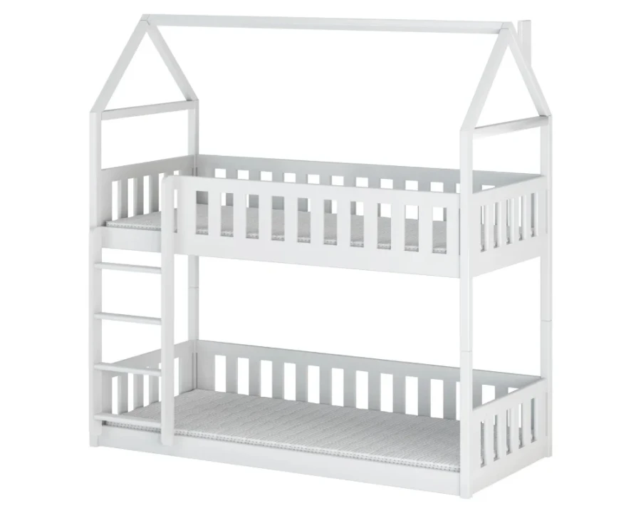 Weißes Etagenbett in Hausform aus Holz mit integrierter Leiter für das Kinderzimmer.