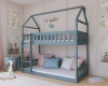 Blue bunk bed in house shape for children in a furnished children's room.