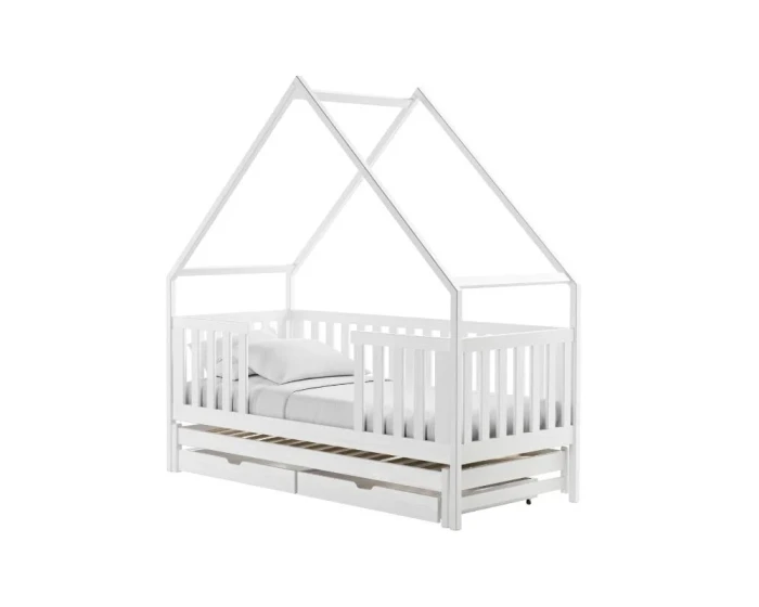 Weißes Hausbett für Kinder mit Rausfallschutz, zweiter Liegefläche und zwei Schubladen.