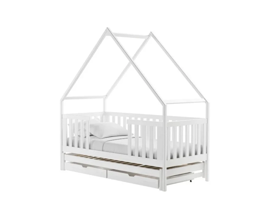 Weißes Hausbett für Kinder mit Rausfallschutz, zweiter Liegefläche und zwei Schubladen.
