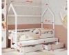 Maßangaben für ein weißes Hausbett mit Gästebett und Schubladen.