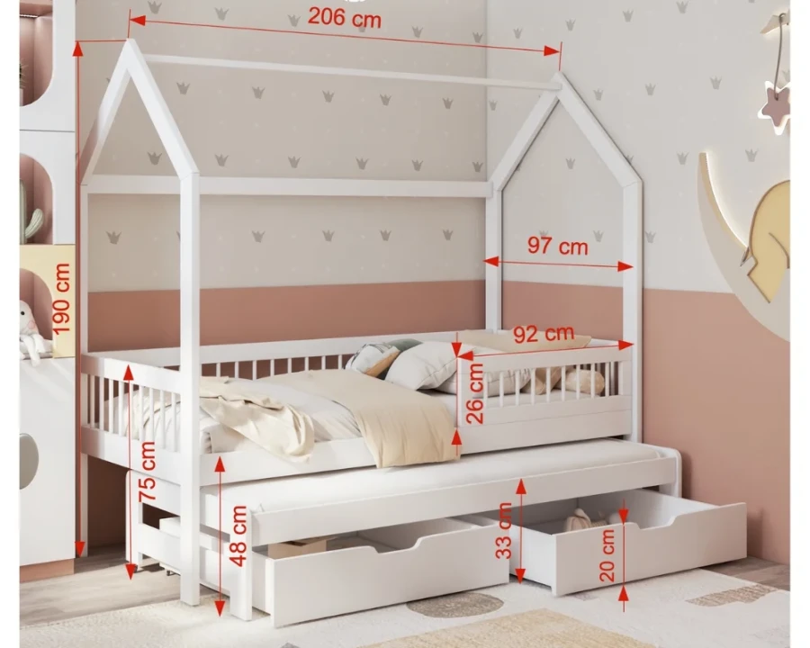 Maßangaben für ein weißes Hausbett mit Gästebett und Schubladen.