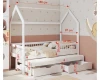 White house bed for children with dimensions, pull-out bed and two drawers.