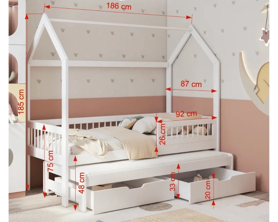 White house bed for children with dimensions, pull-out bed and two drawers.