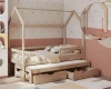 Kinderbett in Hausform aus Kiefernholz mit Gästebett, Stauraum-Schubladen und abnehmbarem Dachaufsatz.